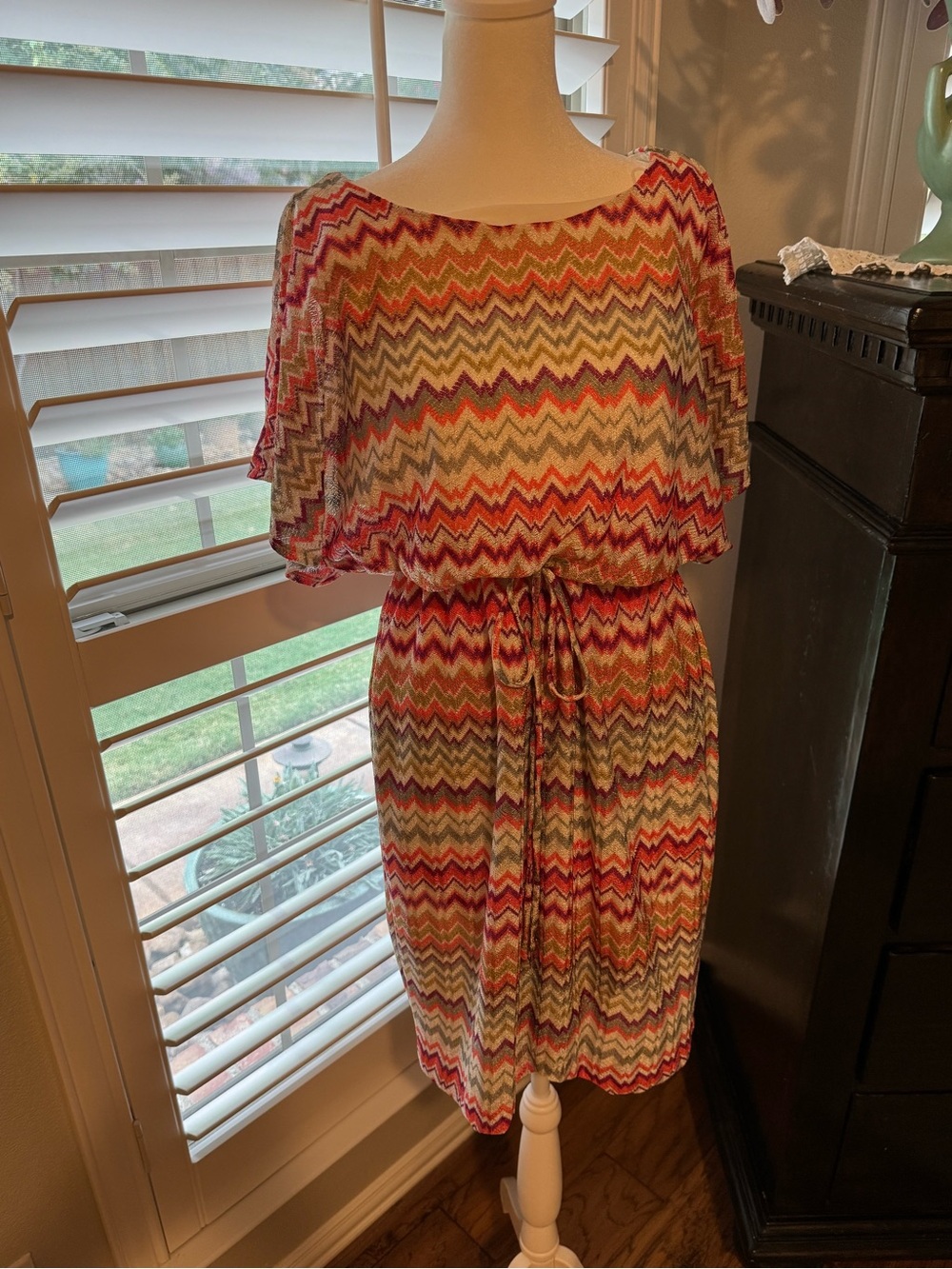 London Times Multicolor Chevron Midi Dress in Pink, Coral, Olive and Cream